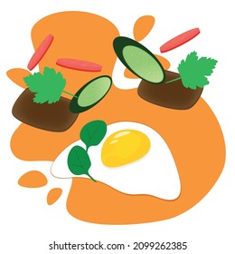 Breakfast fried egg, toast with bread and sausage with coriander and spinach and cucumber. Cute vector illustration of food in a flat style.