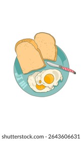 Breakfast fried egg and toast bread with knife on blue plate. Food art