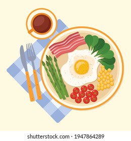 Breakfast with fried egg, tomato, corn, greens, asparagus and bacon, coffee, vector illustration