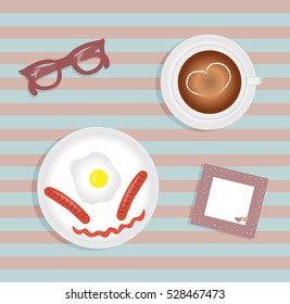 Breakfast: fried egg with two sausage. Cup with coffee on saucer. Burgundy glasses. Napkin with cute pink trim with white polka dots and hearts. Striped background. Vector illustration. 