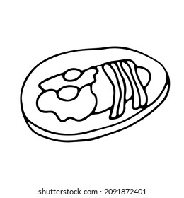 Breakfast with fried eggs and bacon in doodle style. Isolated vector.