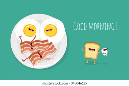 Breakfast. Fried eggs with bacon on a plate. Vector Illustration. You can use in the menu, in the shop, in the bar, the card or stickers. Easy to edit. 