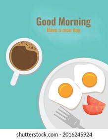 breakfast with fried eggs and cup of coffee