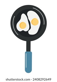 Desayuno, huevos fritos en una sartén. Deliciosa comida sana en una sartén azul aislada en un fondo blanco. Ilustración vectorial.