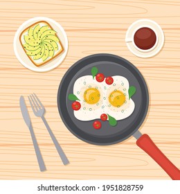 Breakfast with fried eggs on frying pan, coffee, avocado toast, vector illustration
