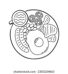 Breakfast with fried eggs, sausages, beans, coffee and tomatoes. Vector hand drawn illustration.