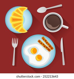 Breakfast with fried eggs, sausages,  croissant and cup of coffee. Flat style