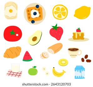 café da manhã e variedade de frutas para design de alimentos