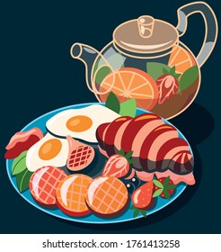 Breakfast with fruit tea, croissant, strawberry, figs, fried eggs and bacon. EPS10 vector illustration.