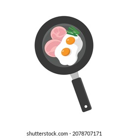 Breakfast in a frying pan with sausage eggs and zklkni. Isolate on a white background. The concept of morning meals.