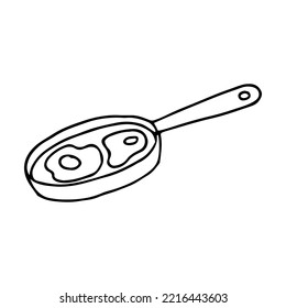 Breakfast. Frying pan with scrambled eggs. Tasty food. Fried eggs. Hand drawn. Doodle. Vector illustration. Outline.