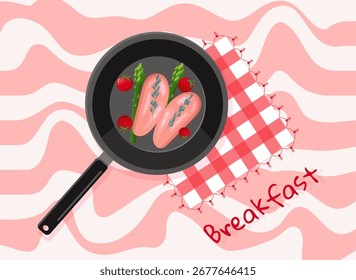 Desayuno, sartén con pavo, tomates y espárragos, romero, decorado con una servilleta, fondo retro, estilo surco, Ilustración vectorial, para embalaje, tarjetas y Diseño gráfico.