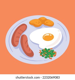Breakfast full of protein from sunny side up egg, sausages, and chicken nugget. Telur mata sapi. Food drawing with cartoon flat simple art style and color, isolated on orange background.