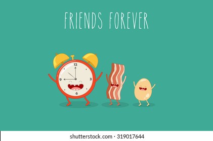 Breakfast, funny alarm clock, egg and bacon. Vector illustration. Friends forever. Use for card, poster, banner, web design and print on t-shirt. Easy to edit.