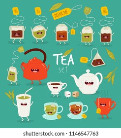 Breakfast, Funny black tea, green tea, kettle, teapot, cups, pots, illustrations set. Cartoon characters. Color cute happy smiling teatime objects. 