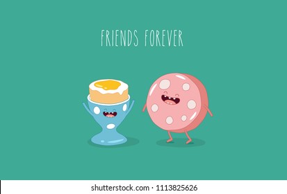 Breakfast, funny boiled egg with a piece of sausage for breakfast. Use fo the menu, in the shop, in the bar, the card or stickers. Easy to edit.