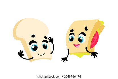 Breakfast. Funny characters bread and sandwich. Set of funny breakfast characters with face and hands. Vector illustration in cartoon style