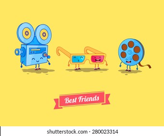 Breakfast. Funny characters  camera, film and 3d glasses. Best friends set. Vector illustration