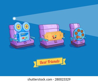 Breakfast. Funny characters  camera, film and glasses. Best friends set. Vector illustration