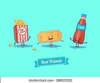 Breakfast. Funny characters  camera, ticket, and glasses. Best friends set. Vector illustration