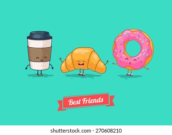 Breakfast. Funny characters coffee, croissant, donut. Best friends set. Vector illustration