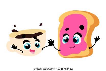 Breakfast. Funny characters  coffee and toast. Set of funny breakfast characters with face and hands. Vector illustration in cartoon style
