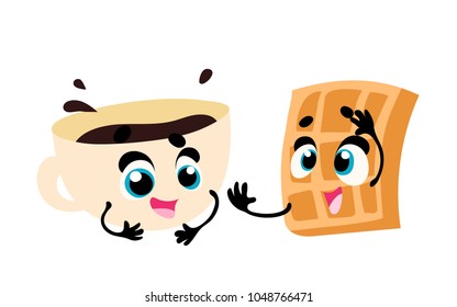 Breakfast. Funny characters coffee and wafle. Set of funny breakfast characters with face and hands. Vector illustration in cartoon style