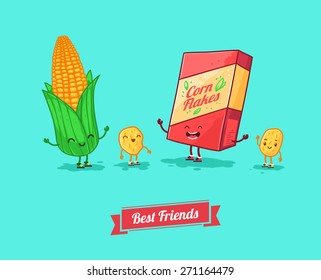 Breakfast. Funny characters cornflake and corn. . Best friends set. Vector illustration