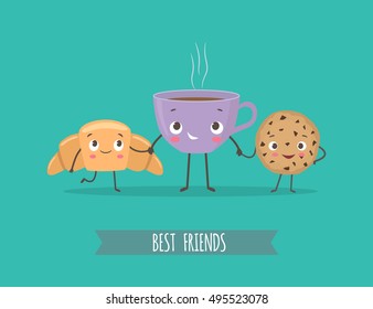 Breakfast. Funny characters croissant, cookies with chocolate and cup of coffee. Best friends set. Vector cartoon illustration