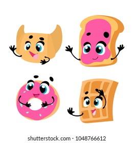 Breakfast. Funny characters croissant, toast with jam, donut, waffle. Set of funny breakfast characters with face and hands. Vector illustration in cartoon style