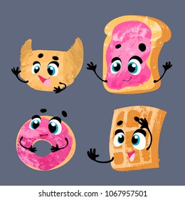 Breakfast. Funny characters croissant, toast with jam, donut, waffle. Set of funny breakfast characters with face and hands. Vector illustration in cartoon style