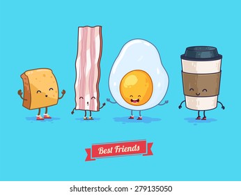 Breakfast. Funny characters cup, egg, bacon . Best friends set. Vector illustration