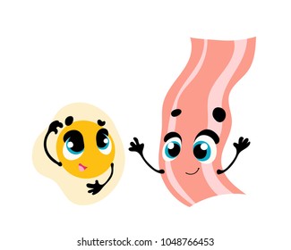 Breakfast. Funny characters egg and bacon. Set of funny breakfast characters with face and hands. Vector illustration in cartoon style