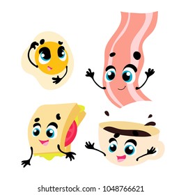 Breakfast. Funny characters egg, bacon, bread, sandwich and coffee . Set of funny breakfast characters with face and hands. Vector illustration in cartoon style
