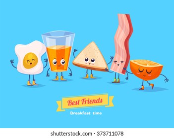 Breakfast. Funny characters egg bacon bread coffee and orange juice . Best friends set. Vector illustration. Funny food. Vector cartoon illustration. Cute stylish characters.