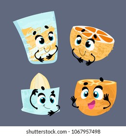 Breakfast. Funny characters orange,grapefruit, juicer, stacks of orange juice. Set of funny breakfast characters with face and hands. Vector illustration in cartoon style
