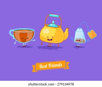 Breakfast. Funny characters teapot, cup and teabag. Best friends set. Vector illustration