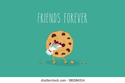 Breakfast, funny cookies drink milk from a glass. Friends forever. Vector illustration. Funny food. Use for card, poster, banner, web design and print on t-shirt. Easy to edit.