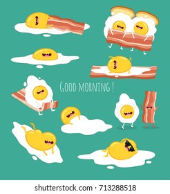 Breakfast, funny eggs and bacon. Vector illustration. Use for card, poster, banner, web design and print on t-shirt. Easy to edit. 