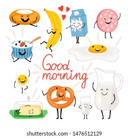 Breakfast funny food. Delicious menu friends with smiles, coffee cup character, cartoon egg and tasty pretzel, cute milk and yogurt for kids invitation