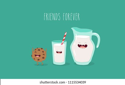 Breakfast, funny glasses of milk. Vector illustration. Use for card, poster, banner, web design and print on t-shirt. Easy to edit.