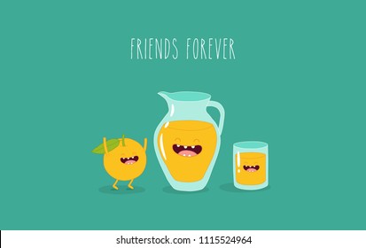 Breakfast, funny jug and glasses of orange juice. Vector illustration. Use for cards, fridge magnets, stickers, posters, menu.