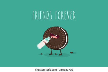 Breakfast, funny Oreo cookies drink milk from a bottle. Vector illustration. Friends forever. Funny food. Use for card, poster, banner, web design and print on t-shirt. Easy to edit.