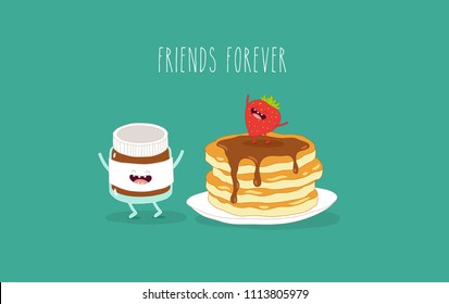 Breakfast, funny pancakes, chocolate paste with a strawberry. Vector illustration. Use for cards, fridge magnets, stickers, posters, menu.