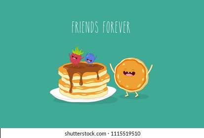 Breakfast, funny pancakes, raspberries and blueberry. Vector illustration. You can use for cards, fridge magnets, stickers, posters, menu.