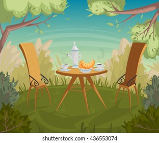 Breakfast in the garden. Cartoon vector illustration in retro style