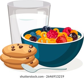 breakfast glass of milk cookies and fruit