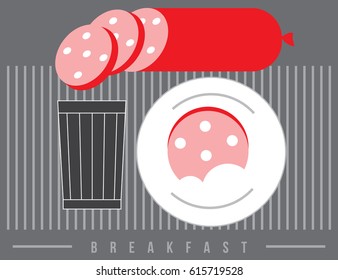 breakfast with glass and sausage in retro style, vector illustration 