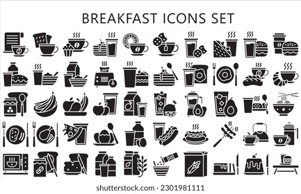 Breakfast glyph icons set, contain bread, milk, cake, tea, juice, croissant, glass, coffee and more. use for modern concept, UI or UX kit, web and app. vector EPS 10 ready convert to SVG. svg