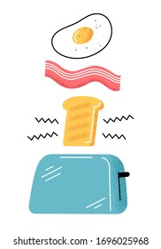 Breakfast. Good morning. Egg, bacon, toast. Use for breakfast menu design, poster, card, banner. Vector illustration. 